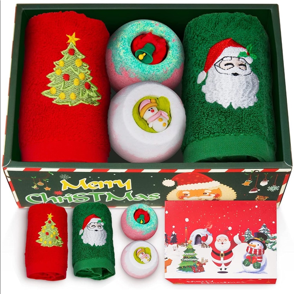 (2 pack) Christmas Hand Towels 12 x 18 inch & Bath Bombs Gift Set -100% Cotton